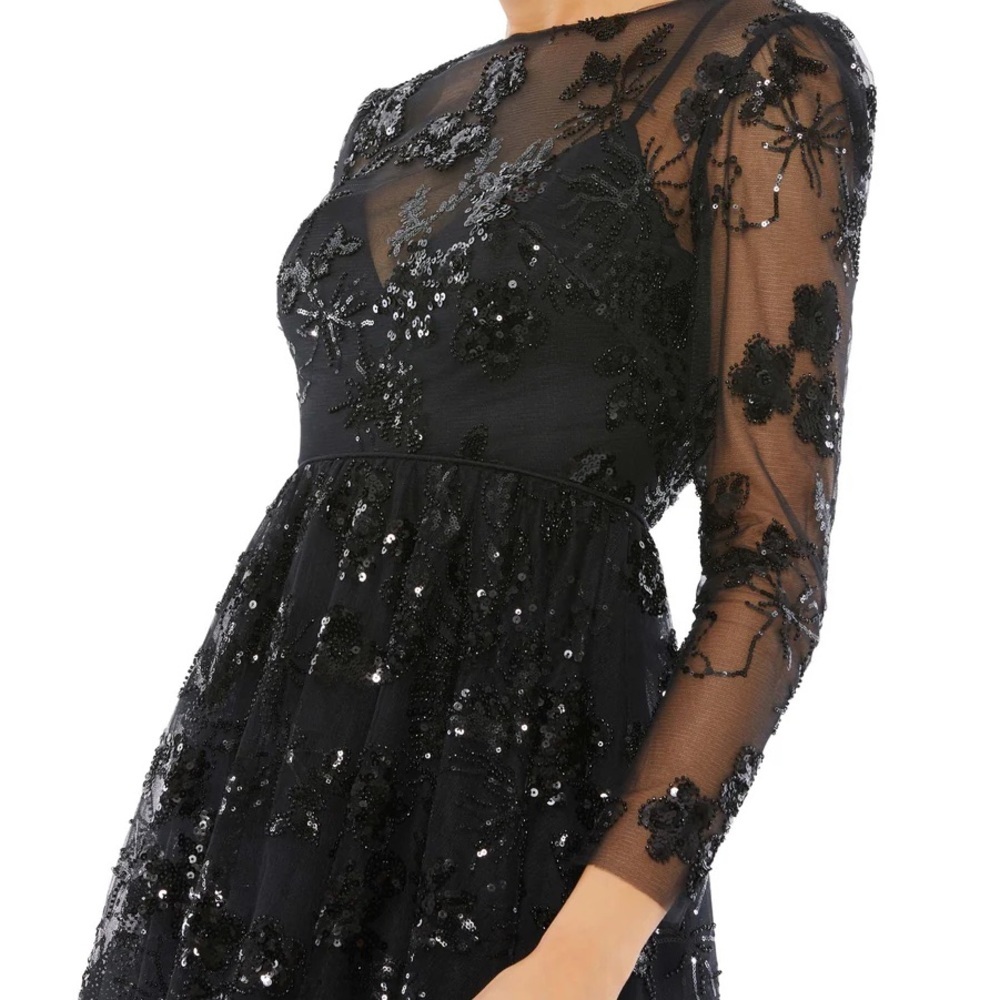 Mac Duggal Midnight Sequin Floral Midi Dress
